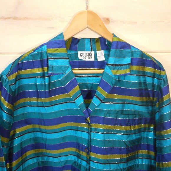 Chico's Design size 1 Womens M Turquoise Blue Raw Silk Striped Jacket Top - Picture 2 of 11